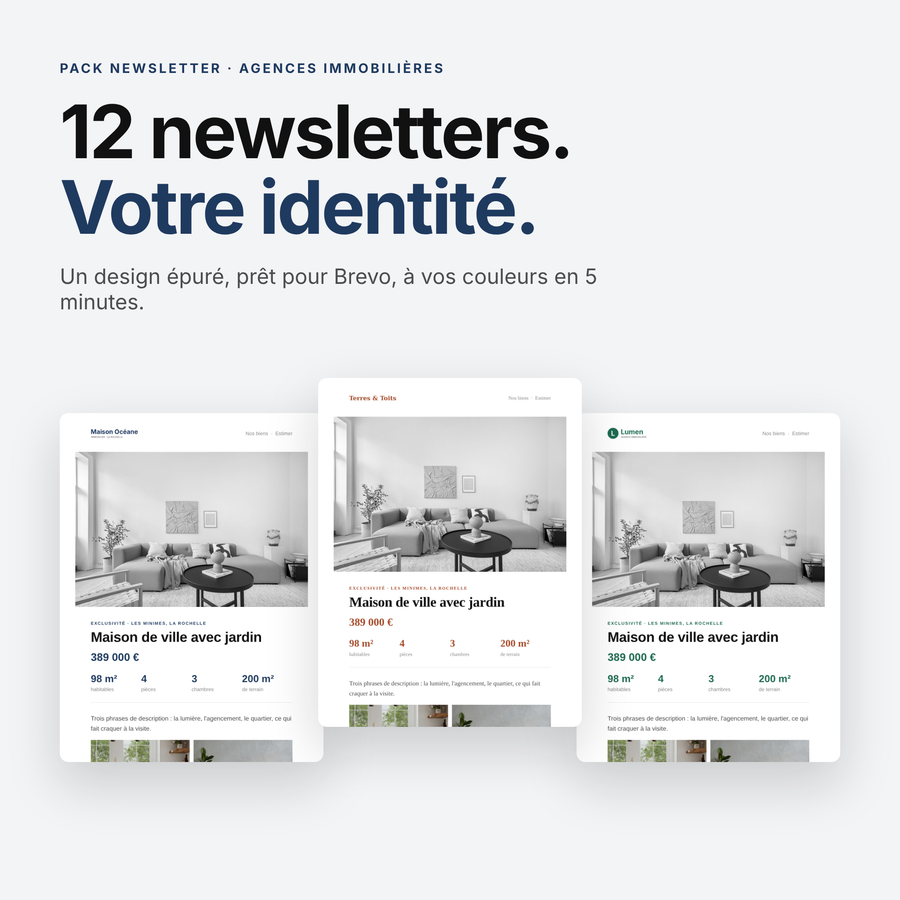 Le Pack Newsletter Immo – 12 modèles Brevo pour agences immobilières